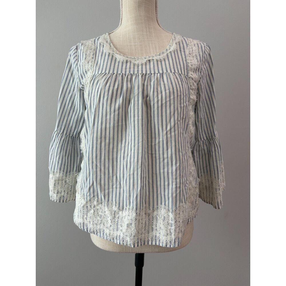 Striped Lace Trim Bell Sleeve Blouse Sz M Blue White Peasant Prairie Cottagecore
